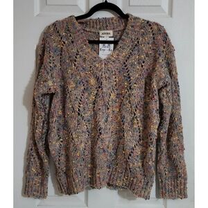 Adora Womens Confetti Knit V-Neck Sweater Multicolor Pom Pom Pointelle Small